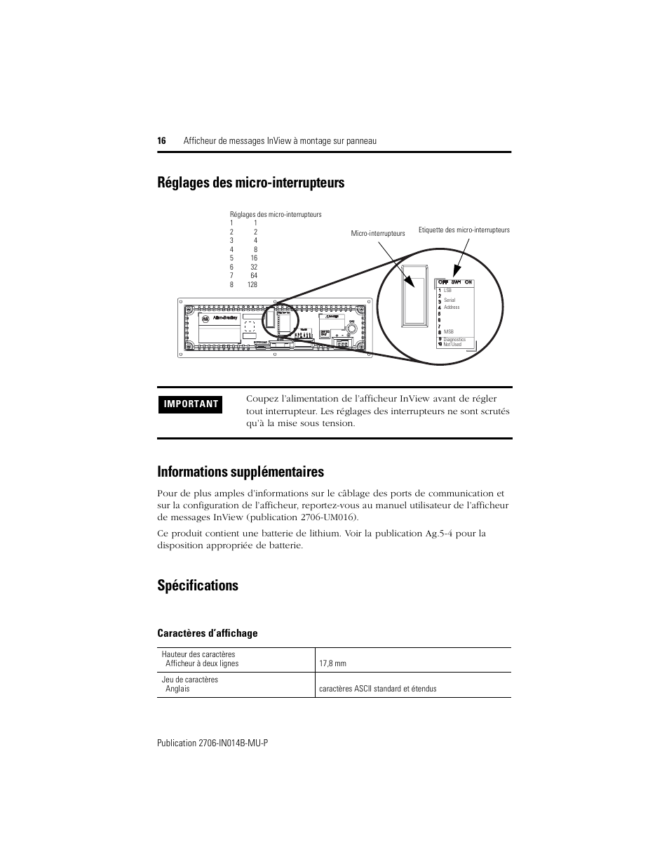 Réglages des micro-interrupteurs, Informations supplémentaires, Spécifications | Caractères d’affichage | Rockwell Automation 2706-P22R InView Panel Mount Message Display Installation Instructions User Manual | Page 16 / 52