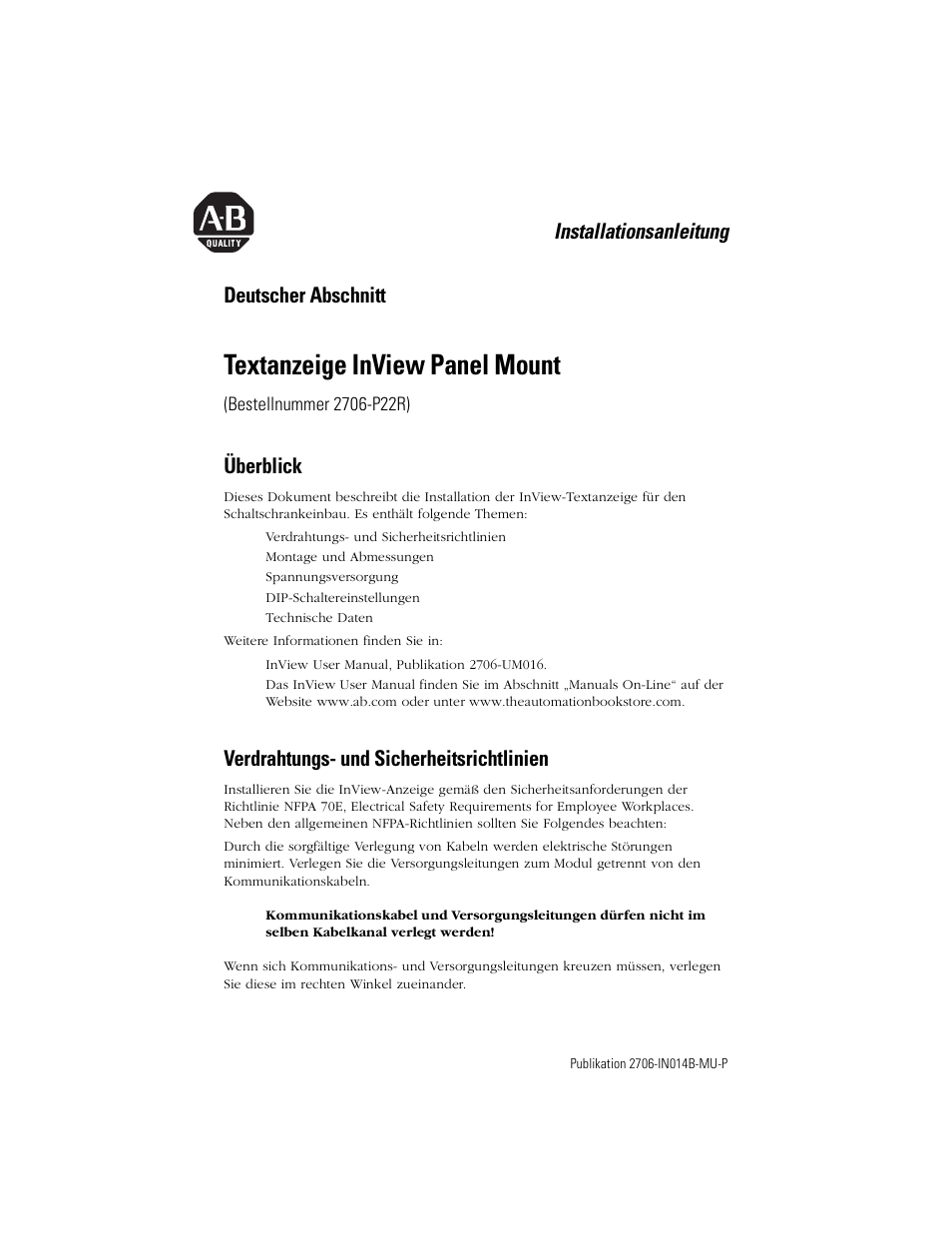 Deutscher abschnitt, Überblick, Verdrahtungs- und sicherheitsrichtlinien | Textanzeige inview panel mount, Installationsanleitung | Rockwell Automation 2706-P22R InView Panel Mount Message Display Installation Instructions User Manual | Page 19 / 52