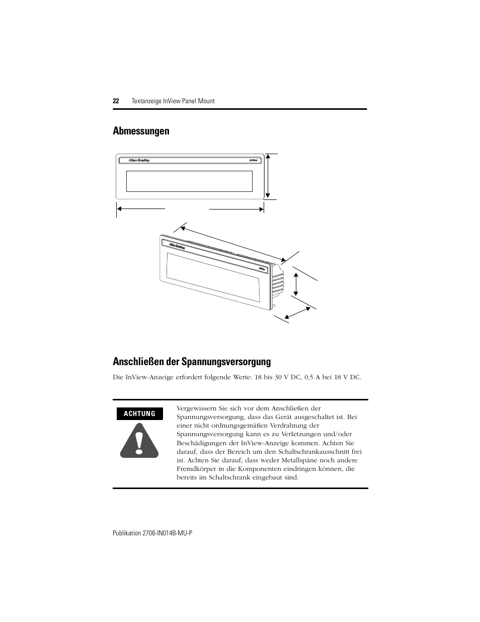 Abmessungen, Anschließen der spannungsversorgung, Abmessungen anschließen der spannungsversorgung | Rockwell Automation 2706-P22R InView Panel Mount Message Display Installation Instructions User Manual | Page 22 / 52