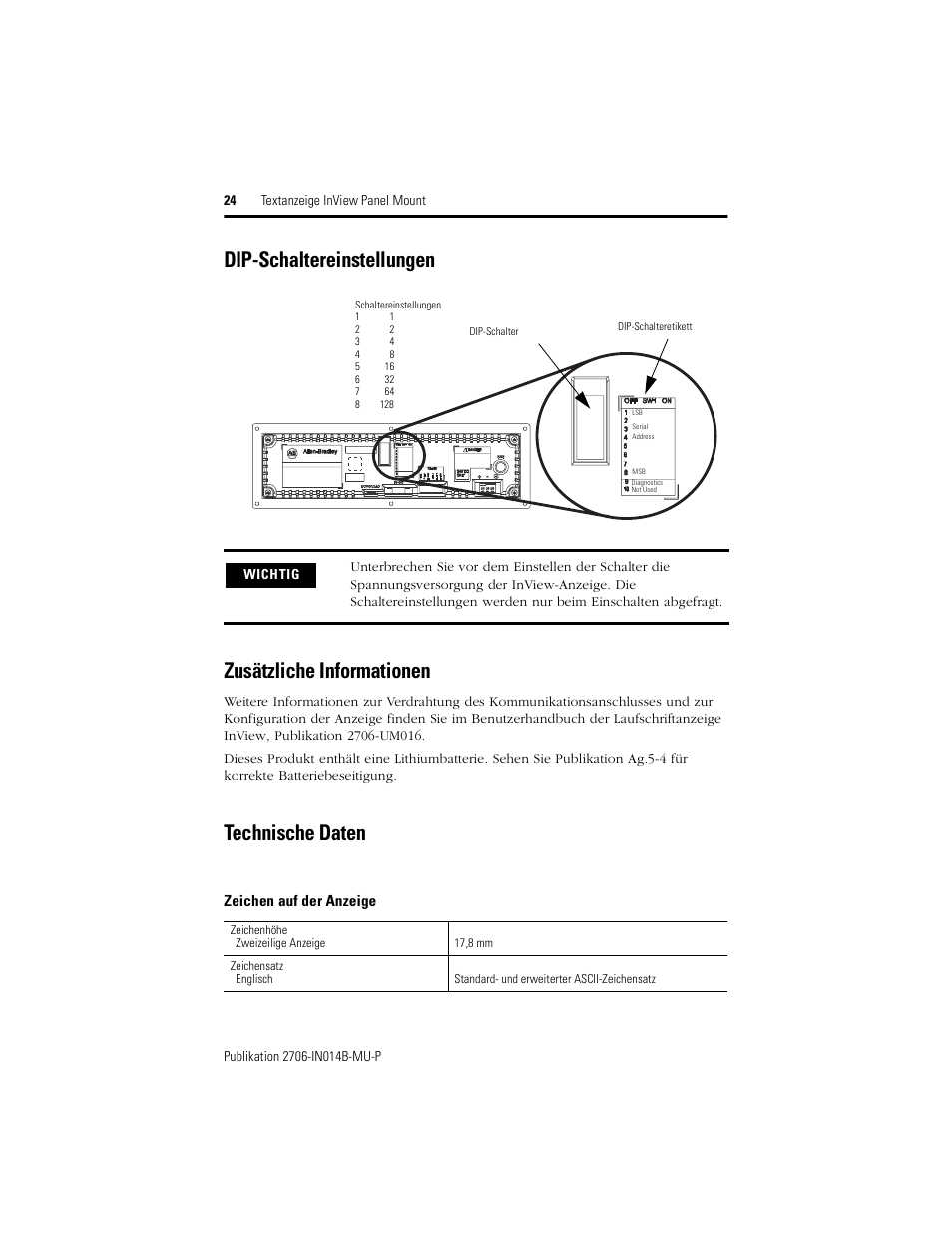 Dip-schaltereinstellungen, Zusätzliche informationen, Technische daten | Zeichen auf der anzeige | Rockwell Automation 2706-P22R InView Panel Mount Message Display Installation Instructions User Manual | Page 24 / 52