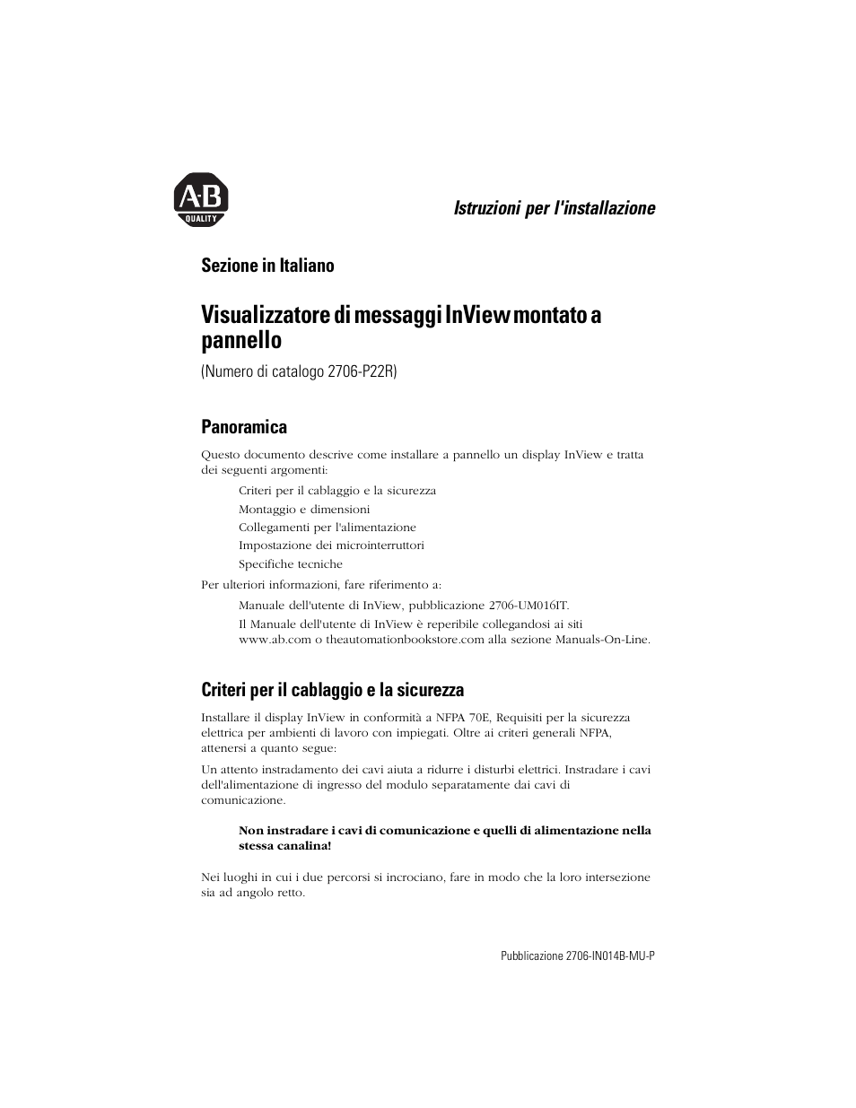 Sezione in italiano, Panoramica, Criteri per il cablaggio e la sicurezza | Istruzioni per l'installazione | Rockwell Automation 2706-P22R InView Panel Mount Message Display Installation Instructions User Manual | Page 27 / 52