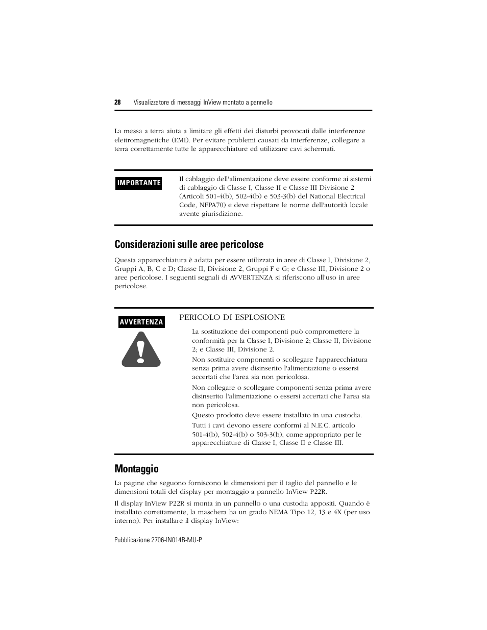 Considerazioni sulle aree pericolose, Montaggio | Rockwell Automation 2706-P22R InView Panel Mount Message Display Installation Instructions User Manual | Page 28 / 52