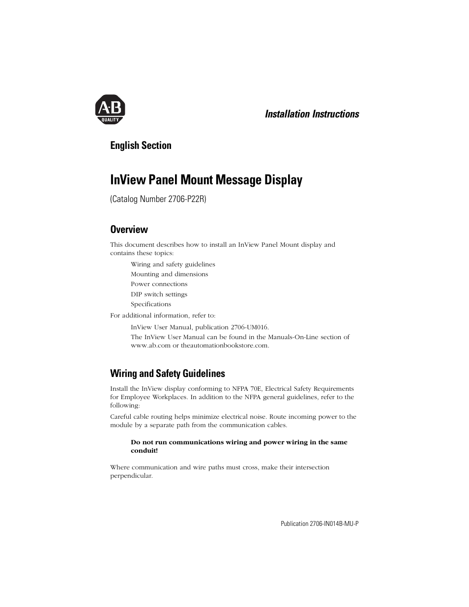 English section, Overview, Wiring and safety guidelines | Inview panel mount message display, Installation instructions | Rockwell Automation 2706-P22R InView Panel Mount Message Display Installation Instructions User Manual | Page 3 / 52