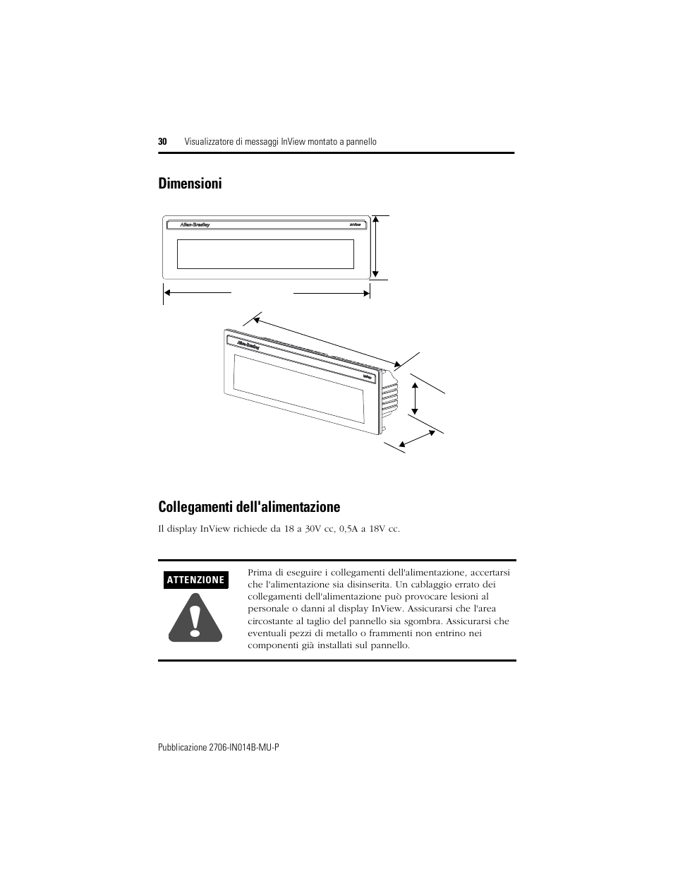 Dimensioni, Collegamenti dell'alimentazione, Dimensioni collegamenti dell'alimentazione | Rockwell Automation 2706-P22R InView Panel Mount Message Display Installation Instructions User Manual | Page 30 / 52