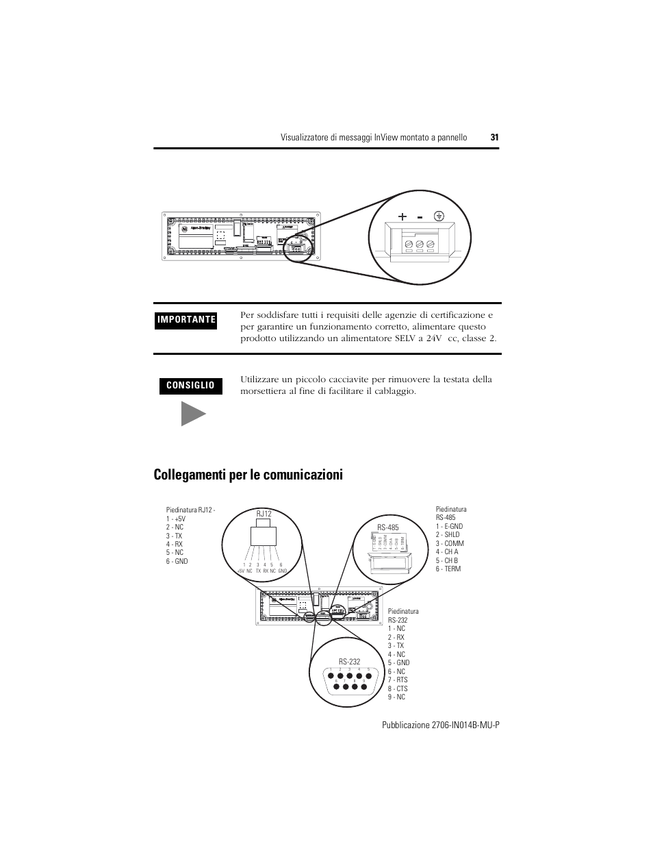 Collegamenti per le comunicazioni | Rockwell Automation 2706-P22R InView Panel Mount Message Display Installation Instructions User Manual | Page 31 / 52