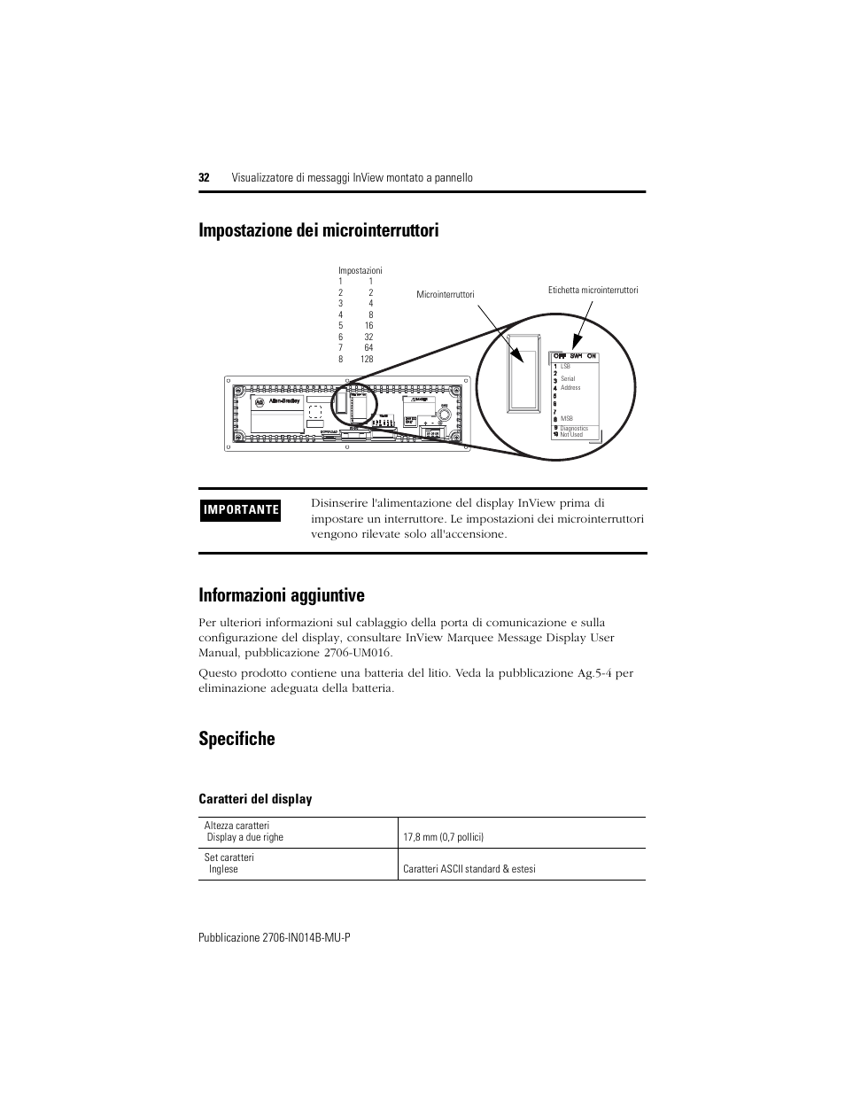 Impostazione dei microinterruttori, Informazioni aggiuntive, Specifiche | Caratteri del display | Rockwell Automation 2706-P22R InView Panel Mount Message Display Installation Instructions User Manual | Page 32 / 52