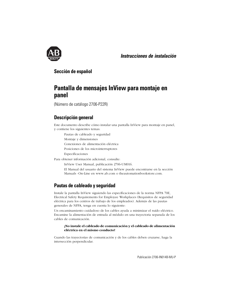 Sección de español, Descripción general, Pautas de cableado y seguridad | Pantalla de mensajes inview para montaje en panel, Instrucciones de instalación | Rockwell Automation 2706-P22R InView Panel Mount Message Display Installation Instructions User Manual | Page 35 / 52