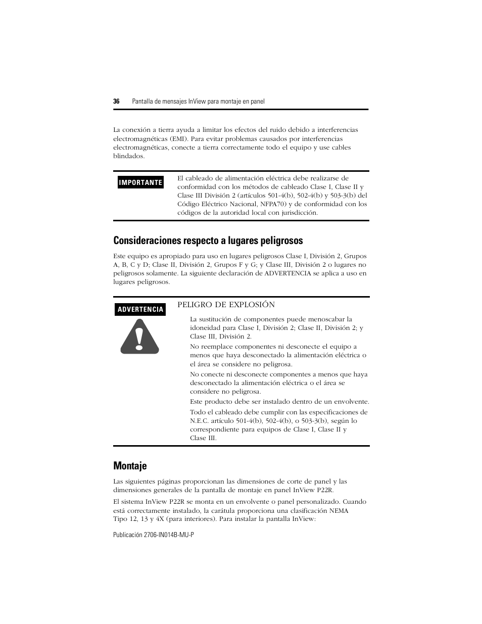 Consideraciones respecto a lugares peligrosos, Montaje | Rockwell Automation 2706-P22R InView Panel Mount Message Display Installation Instructions User Manual | Page 36 / 52