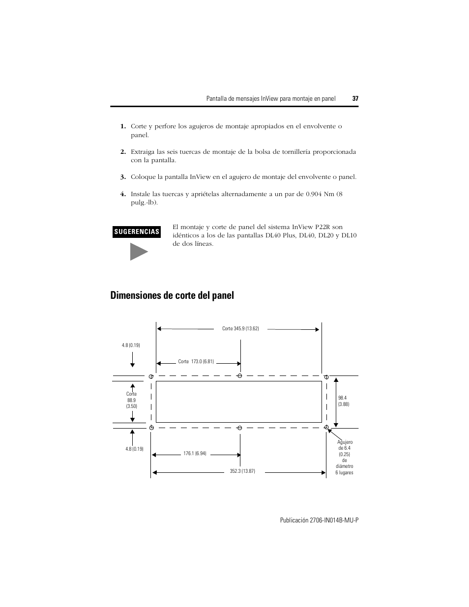 Dimensiones de corte del panel | Rockwell Automation 2706-P22R InView Panel Mount Message Display Installation Instructions User Manual | Page 37 / 52