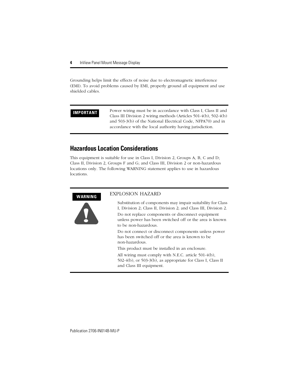 Hazardous location considerations | Rockwell Automation 2706-P22R InView Panel Mount Message Display Installation Instructions User Manual | Page 4 / 52