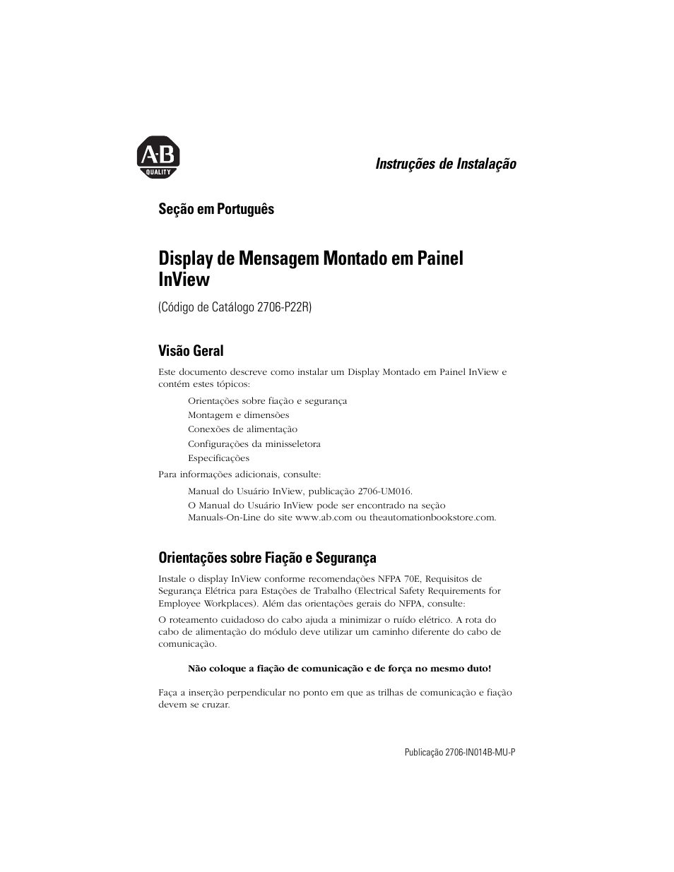 Seção em português, Visão geral, Orientações sobre fiação e segurança | Display de mensagem montado em painel inview, Instruções de instalação | Rockwell Automation 2706-P22R InView Panel Mount Message Display Installation Instructions User Manual | Page 43 / 52