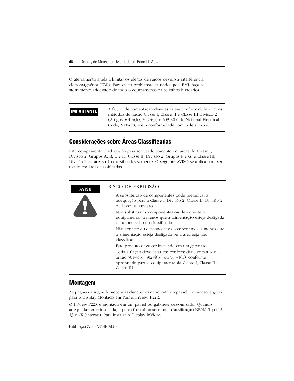 Considerações sobre áreas classificadas, Montagem | Rockwell Automation 2706-P22R InView Panel Mount Message Display Installation Instructions User Manual | Page 44 / 52