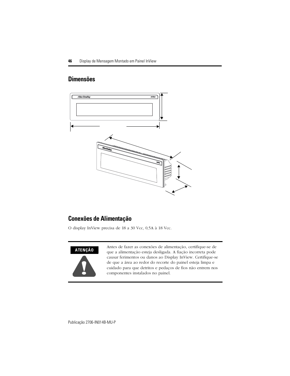 Dimensões, Conexões de alimentação, Dimensões conexões de alimentação | Rockwell Automation 2706-P22R InView Panel Mount Message Display Installation Instructions User Manual | Page 46 / 52