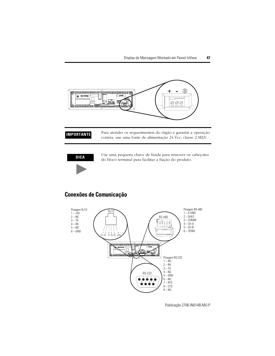 Conexões de comunicação | Rockwell Automation 2706-P22R InView Panel Mount Message Display Installation Instructions User Manual | Page 47 / 52