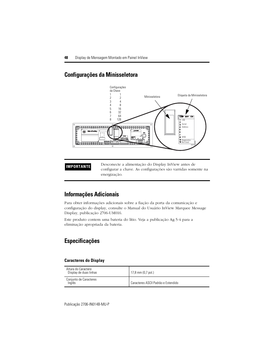 Configurações da minisseletora, Informações adicionais, Especificações | Caracteres do display | Rockwell Automation 2706-P22R InView Panel Mount Message Display Installation Instructions User Manual | Page 48 / 52