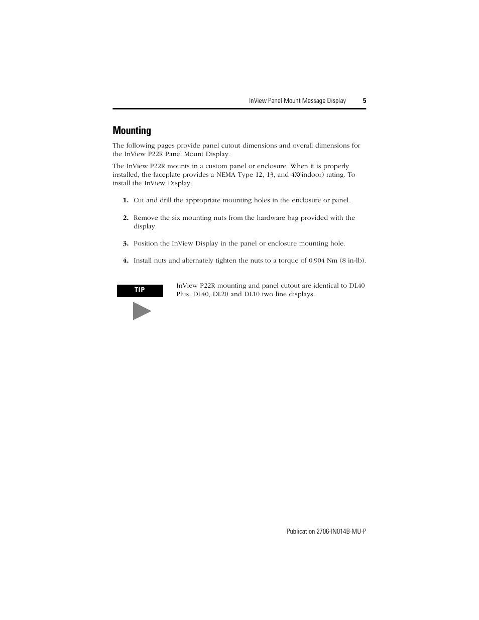 Mounting | Rockwell Automation 2706-P22R InView Panel Mount Message Display Installation Instructions User Manual | Page 5 / 52