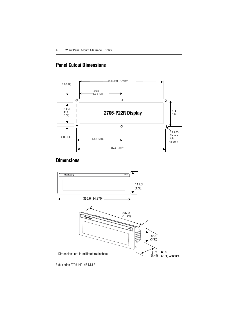 Panel cutout dimensions, Dimensions, Panel cutout dimensions dimensions | Rockwell Automation 2706-P22R InView Panel Mount Message Display Installation Instructions User Manual | Page 6 / 52