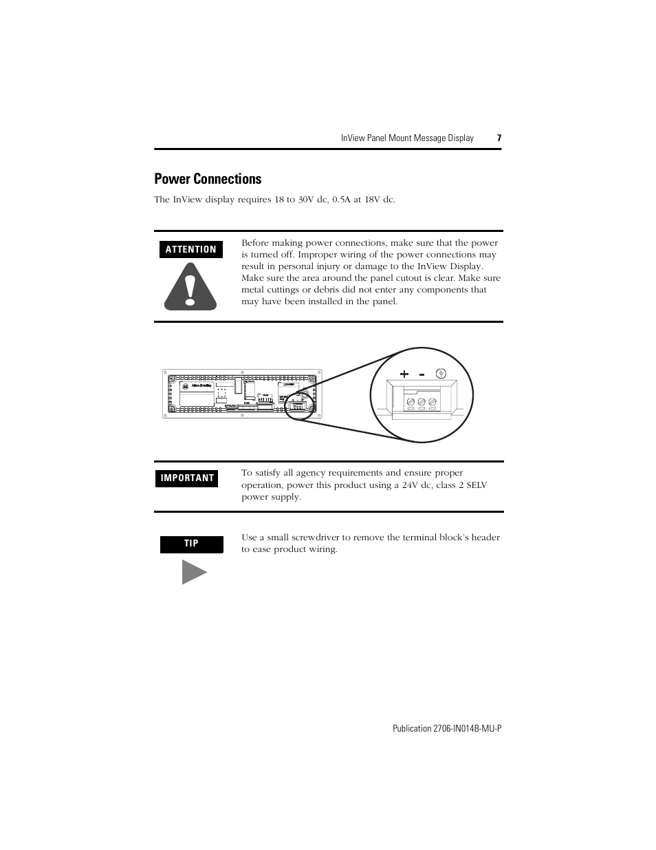Power connections | Rockwell Automation 2706-P22R InView Panel Mount Message Display Installation Instructions User Manual | Page 7 / 52