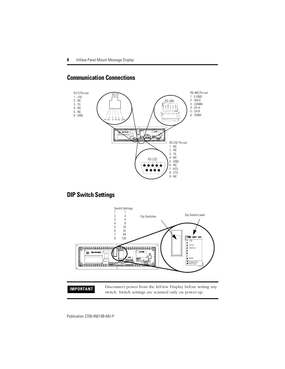 Communication connections, Dip switch settings, Communication connections dip switch settings | Rockwell Automation 2706-P22R InView Panel Mount Message Display Installation Instructions User Manual | Page 8 / 52