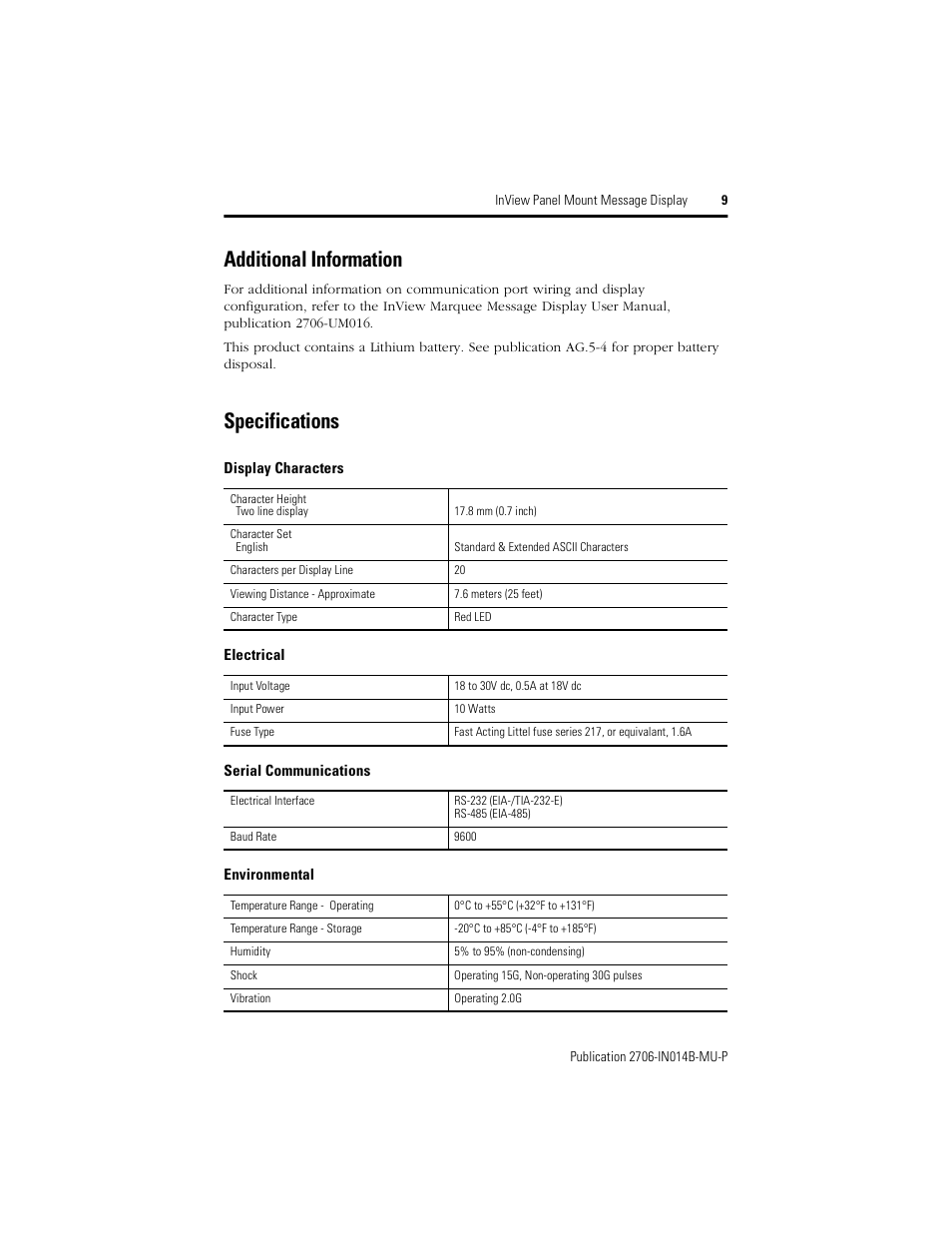 Additional information, Specifications | Rockwell Automation 2706-P22R InView Panel Mount Message Display Installation Instructions User Manual | Page 9 / 52