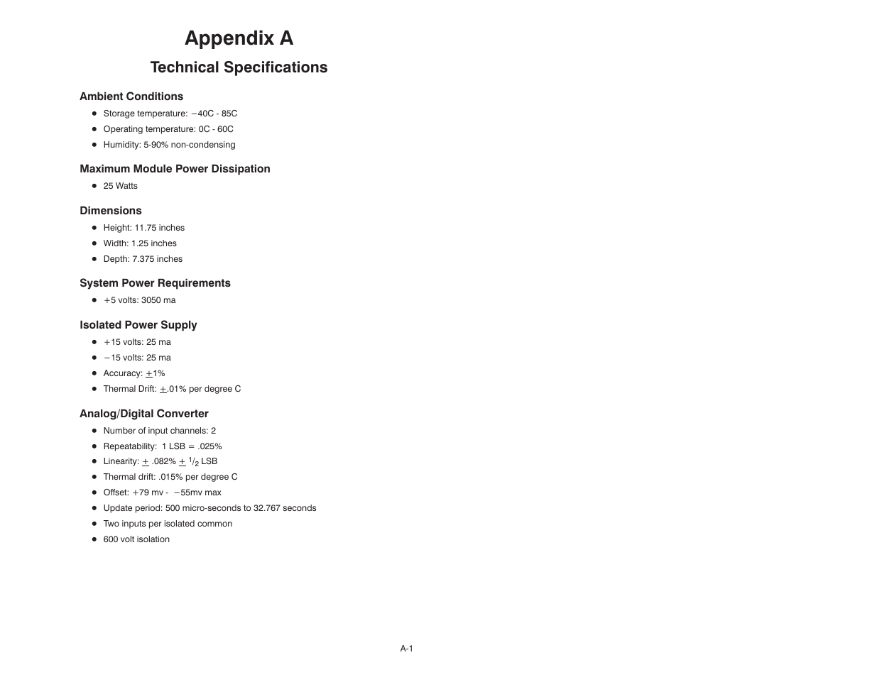 A technical specifications, Appendix a, Technical specifications | Rockwell Automation 57C409 2 Channel Analog Input Module User Manual | Page 31 / 44