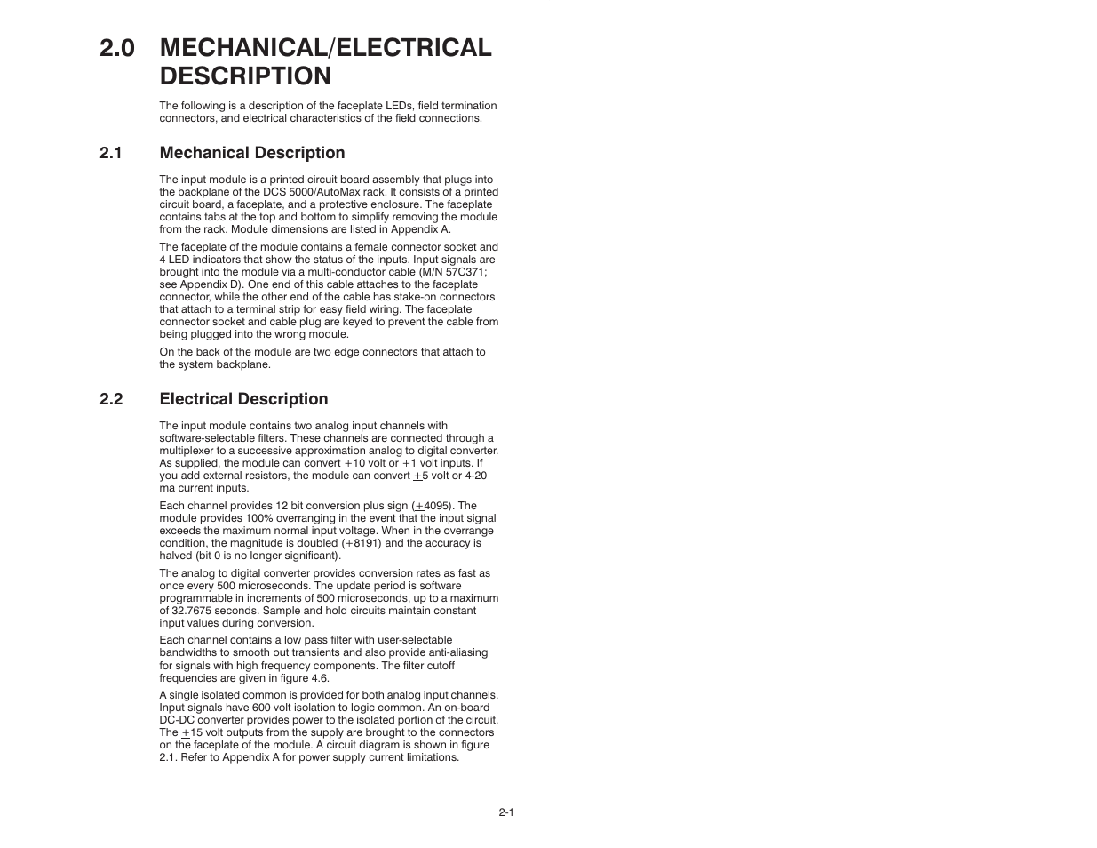 0 mechanical/electrical description, 1 mechanical description, 2 electrical description | Rockwell Automation 57C409 2 Channel Analog Input Module User Manual | Page 9 / 44