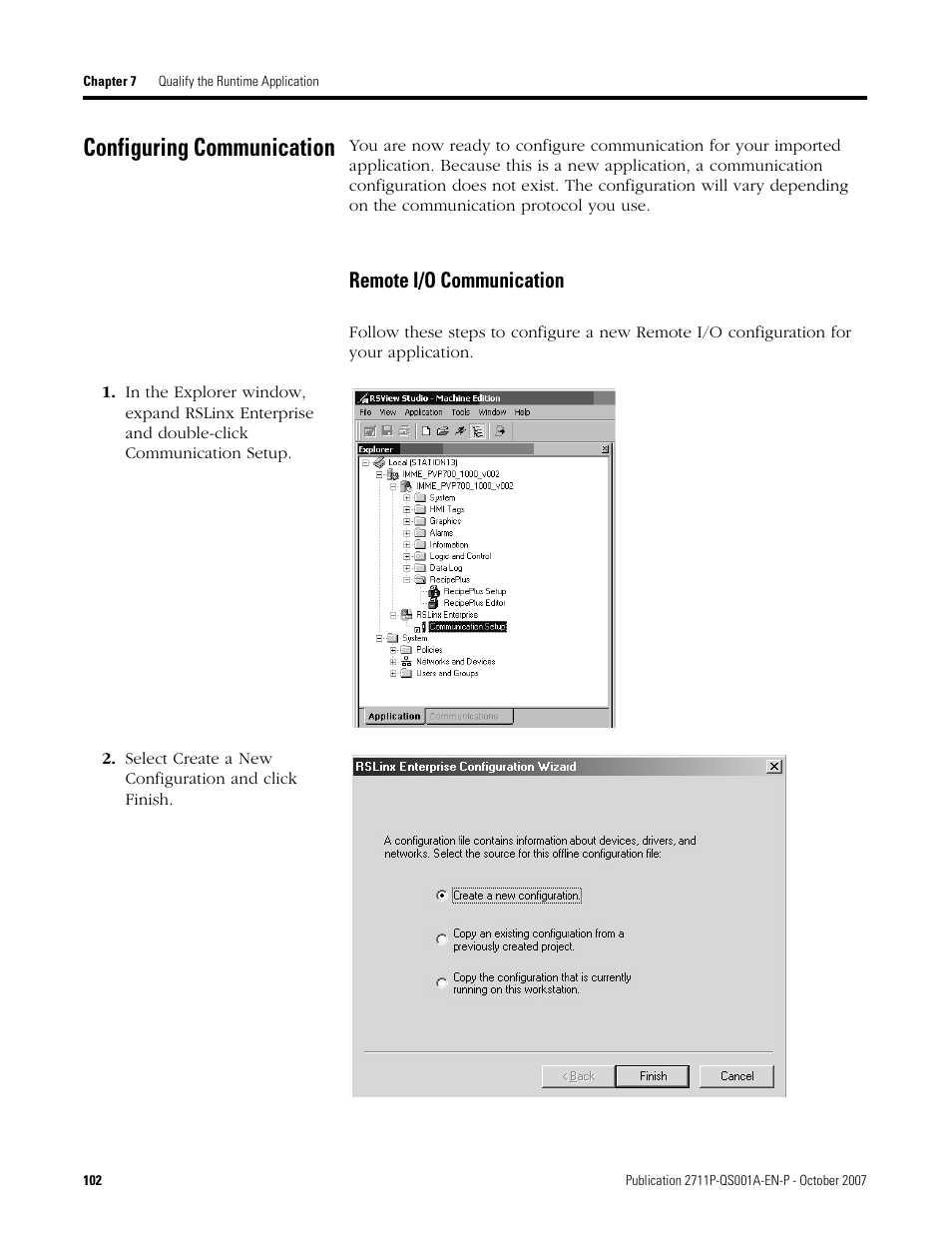 Configuring communication, Remote i/o communication, Age 102 | Configuring, Communication | Rockwell Automation Migrating PanelView Enhanced Terminal Applications User Manual | Page 102 / 160