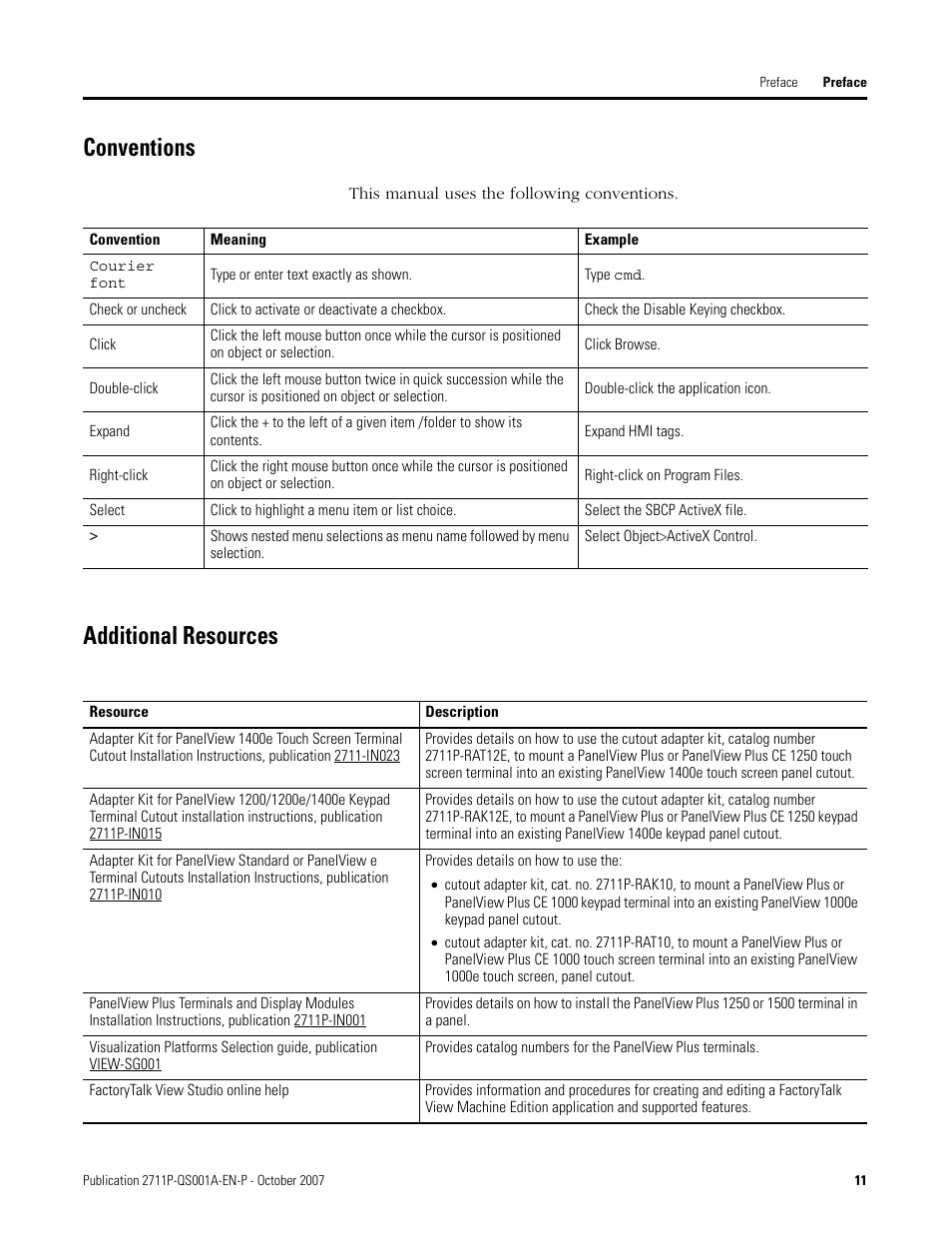 Conventions, Additional resources, Conventions additional resources | Rockwell Automation Migrating PanelView Enhanced Terminal Applications User Manual | Page 11 / 160