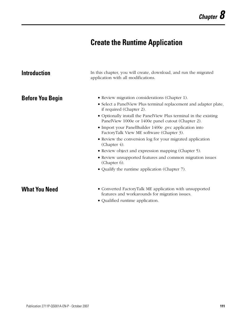 8 - create the runtime application, Introduction, Before you begin | What you need, Chapter 8, Create the runtime application, Introduction before you begin what you need, Chapter | Rockwell Automation Migrating PanelView Enhanced Terminal Applications User Manual | Page 111 / 160