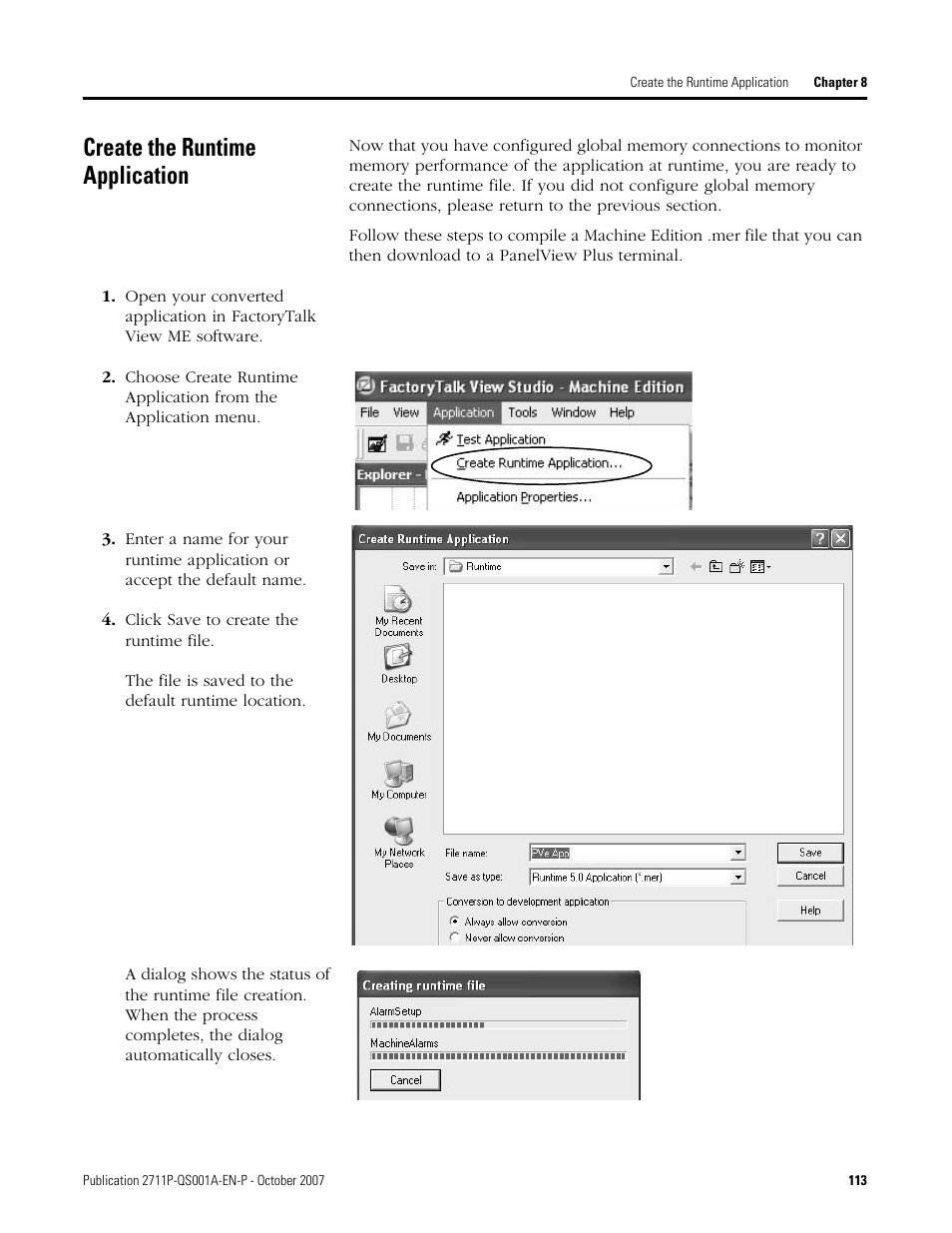 Create the runtime application, Create the runtime, Application | E 113 | Rockwell Automation Migrating PanelView Enhanced Terminal Applications User Manual | Page 113 / 160