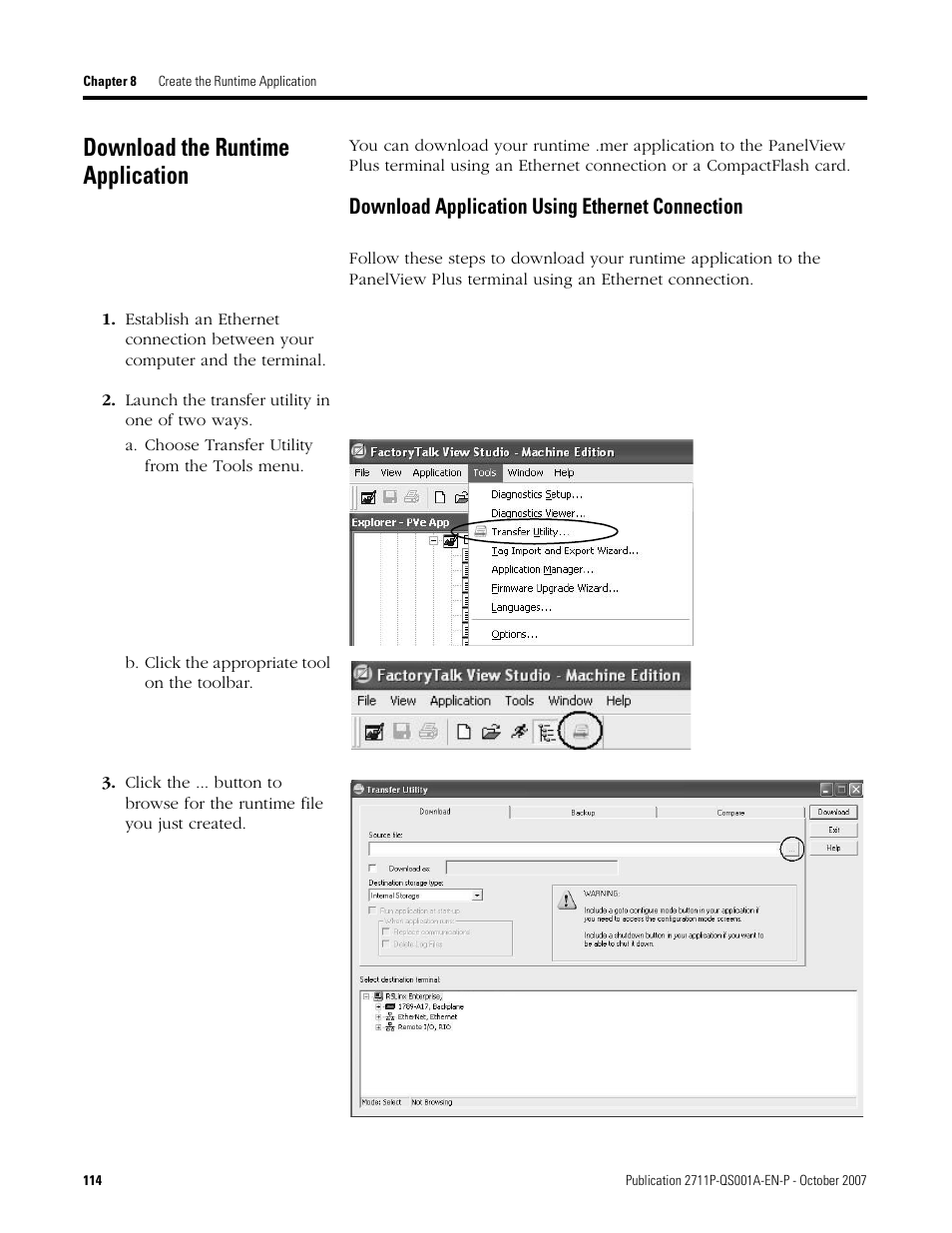 Download the runtime application, Download application using ethernet connection, Download the runtime | Application, Age 114 | Rockwell Automation Migrating PanelView Enhanced Terminal Applications User Manual | Page 114 / 160