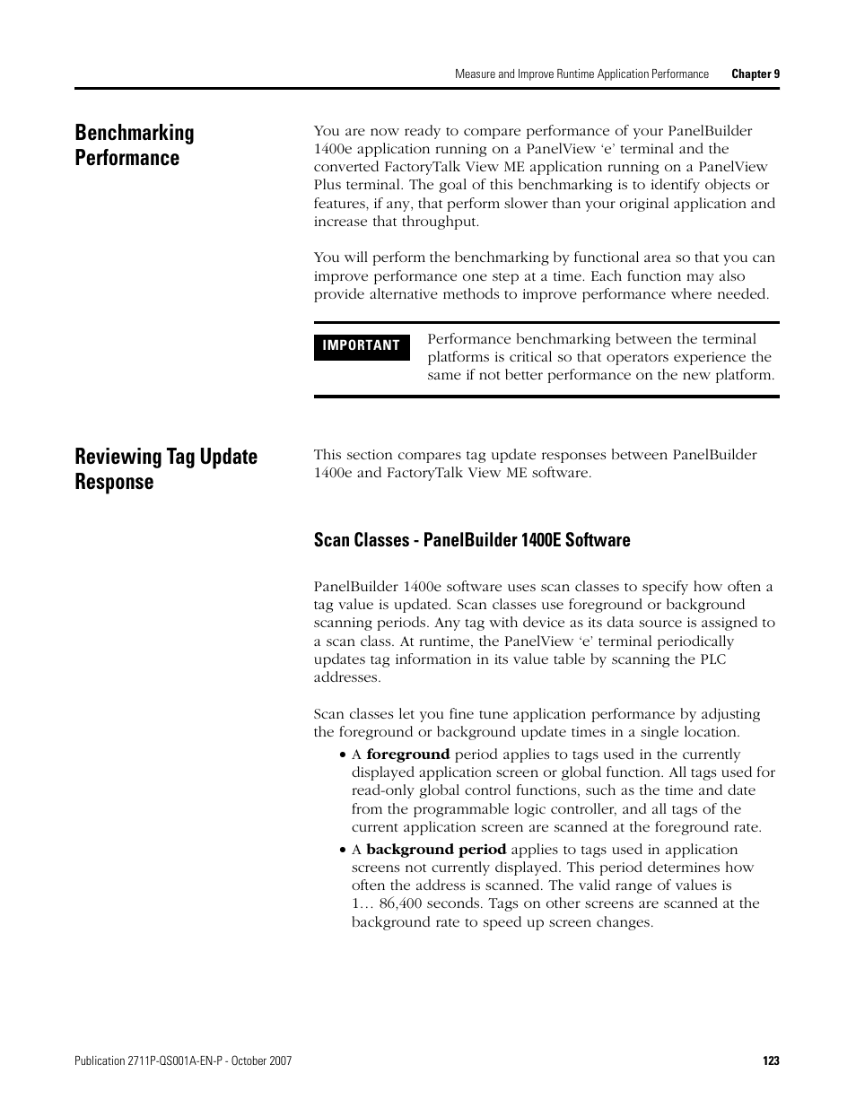 Benchmarking performance, Reviewing tag update response, Scan classes - panelbuilder 1400e software | Reviewing tag update, Response, E 123, Benchmarking, Performance | Rockwell Automation Migrating PanelView Enhanced Terminal Applications User Manual | Page 123 / 160