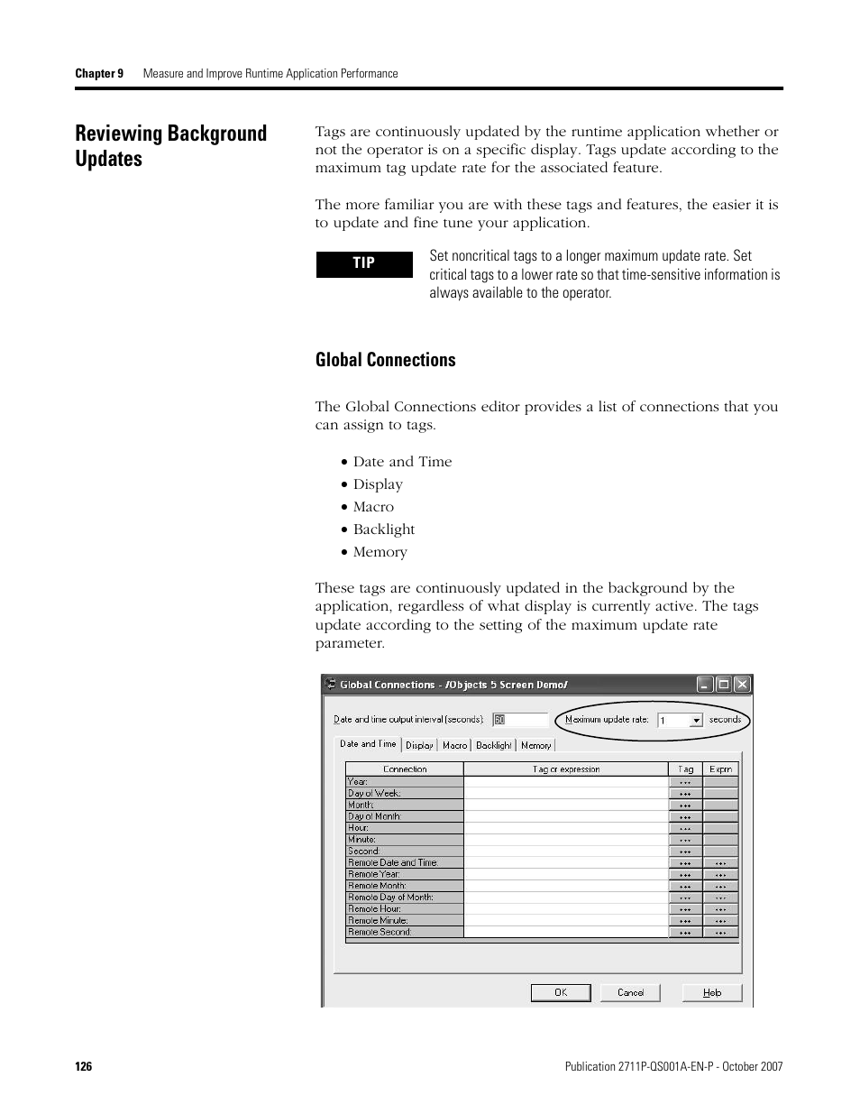 Reviewing background updates, Global connections, Reviewing background | Updates, Age 126 | Rockwell Automation Migrating PanelView Enhanced Terminal Applications User Manual | Page 126 / 160