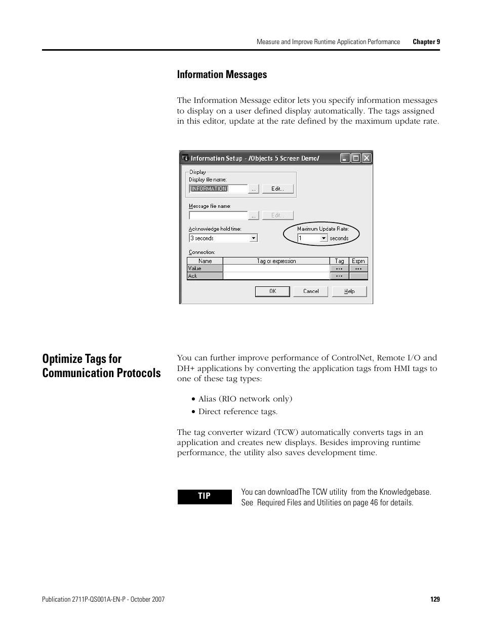 Optimize tags for communication protocols, Information messages, Optimize tags for | Communication protocols, E 129 | Rockwell Automation Migrating PanelView Enhanced Terminal Applications User Manual | Page 129 / 160