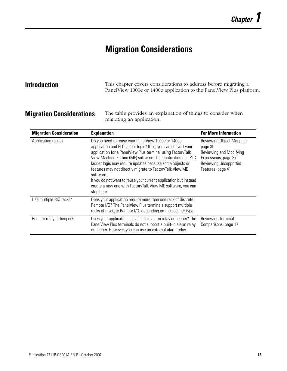 1 - migration considerations, Introduction, Migration considerations | Chapter 1, Introduction migration considerations, Chapter | Rockwell Automation Migrating PanelView Enhanced Terminal Applications User Manual | Page 13 / 160