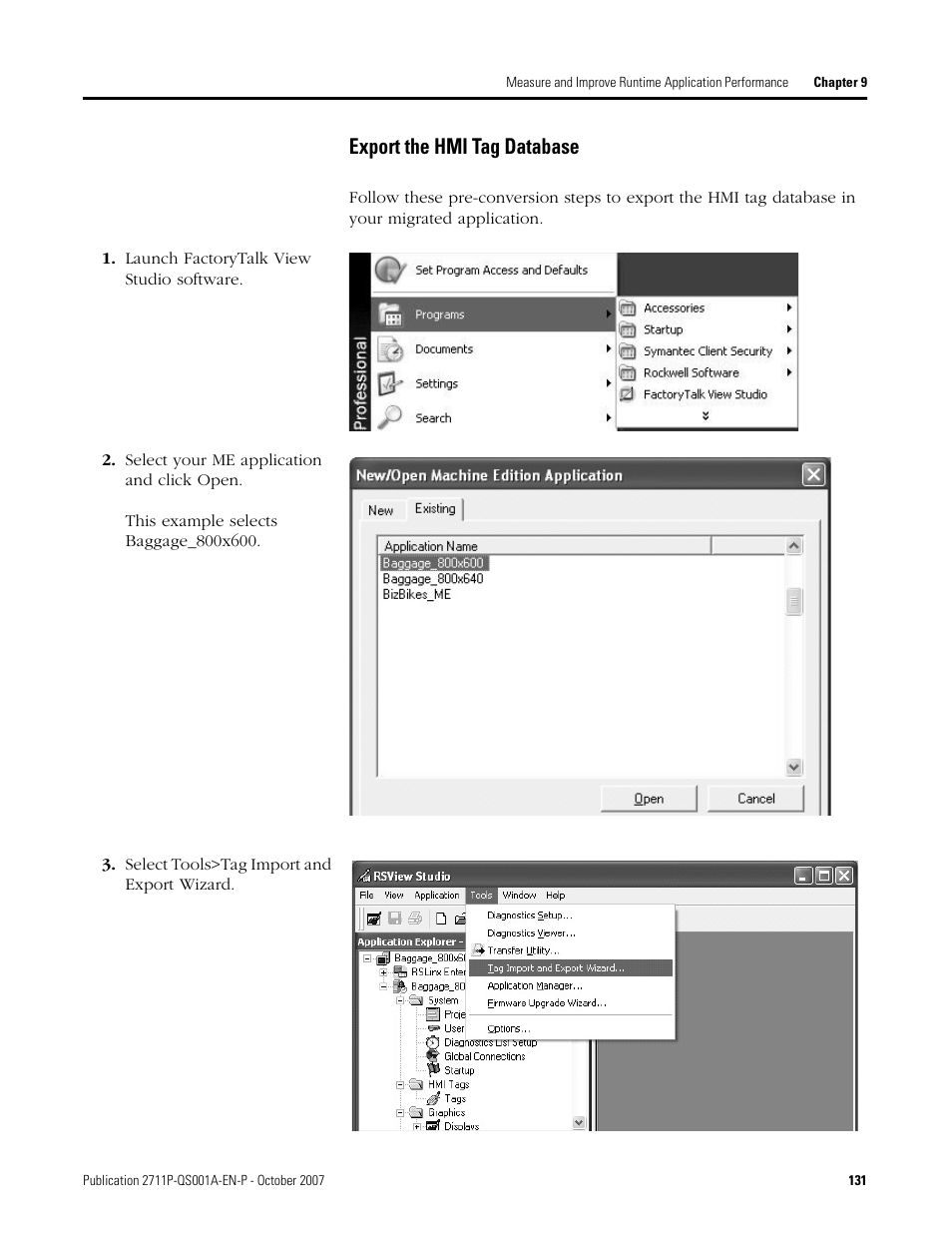 Export the hmi tag database | Rockwell Automation Migrating PanelView Enhanced Terminal Applications User Manual | Page 131 / 160