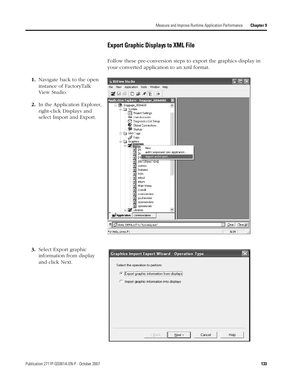 Export graphic displays to xml file | Rockwell Automation Migrating PanelView Enhanced Terminal Applications User Manual | Page 133 / 160