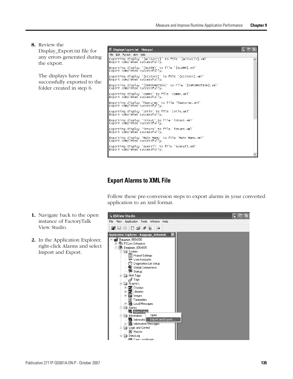 Export alarms to xml file | Rockwell Automation Migrating PanelView Enhanced Terminal Applications User Manual | Page 135 / 160