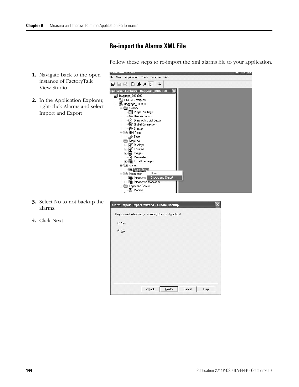 Re-import the alarms xml file | Rockwell Automation Migrating PanelView Enhanced Terminal Applications User Manual | Page 144 / 160