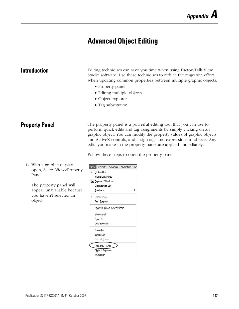 A - advanced object editing, Introduction, Property panel | Appendix a, Advanced object editing, Introduction property panel, Appendix | Rockwell Automation Migrating PanelView Enhanced Terminal Applications User Manual | Page 147 / 160