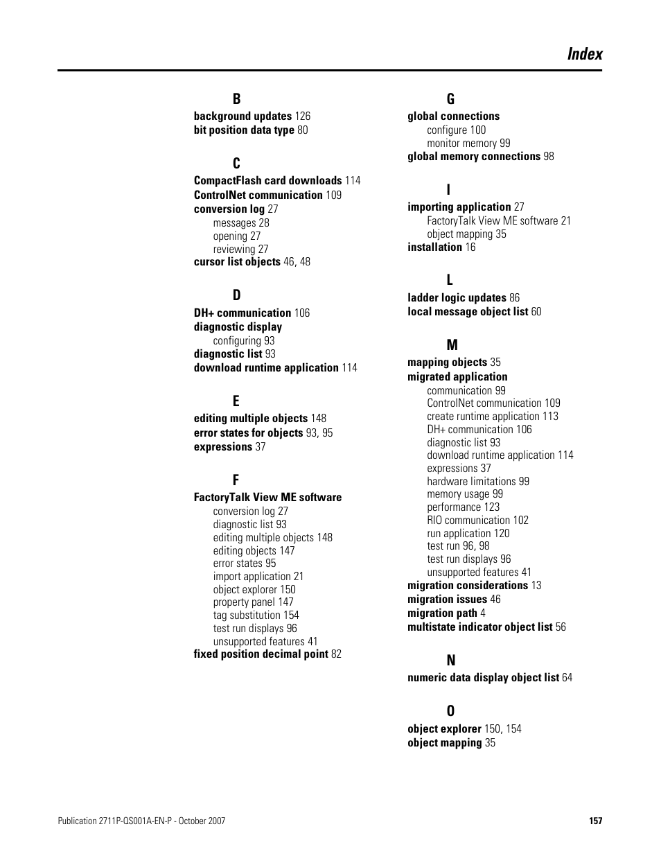 Index | Rockwell Automation Migrating PanelView Enhanced Terminal Applications User Manual | Page 157 / 160