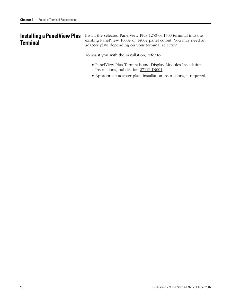 Installing a panelview plus terminal, Installing a panelview, Plus terminal | Rockwell Automation Migrating PanelView Enhanced Terminal Applications User Manual | Page 18 / 160