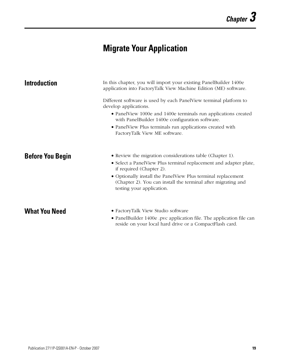 3 - migrate your application, Introduction, Before you begin | What you need, Chapter 3, Migrate your application, Introduction before you begin what you need, Chapter | Rockwell Automation Migrating PanelView Enhanced Terminal Applications User Manual | Page 19 / 160