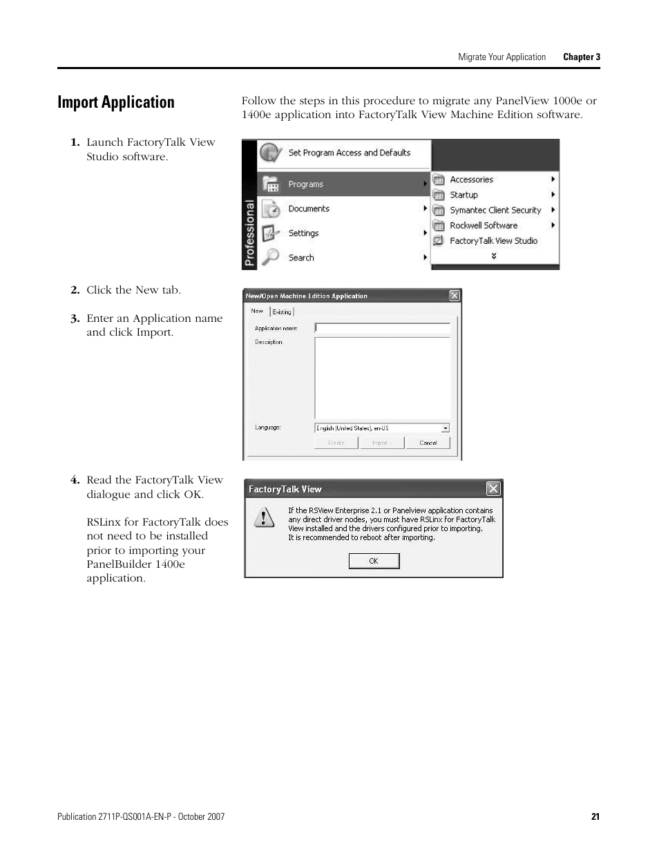 Import application, Age 21 | Rockwell Automation Migrating PanelView Enhanced Terminal Applications User Manual | Page 21 / 160