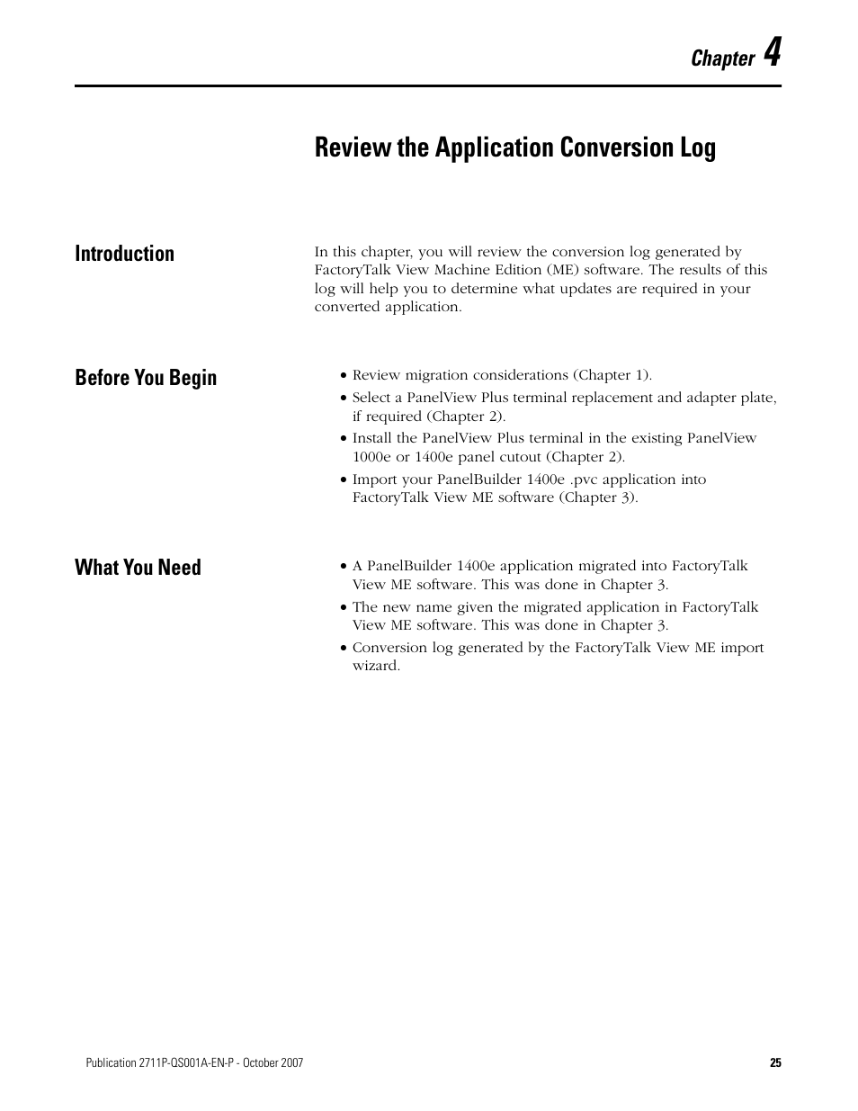 4 - review the application conversion log, Introduction, Before you begin | What you need, Chapter 4, Review the application conversion log, Introduction before you begin what you need, Chapter | Rockwell Automation Migrating PanelView Enhanced Terminal Applications User Manual | Page 25 / 160