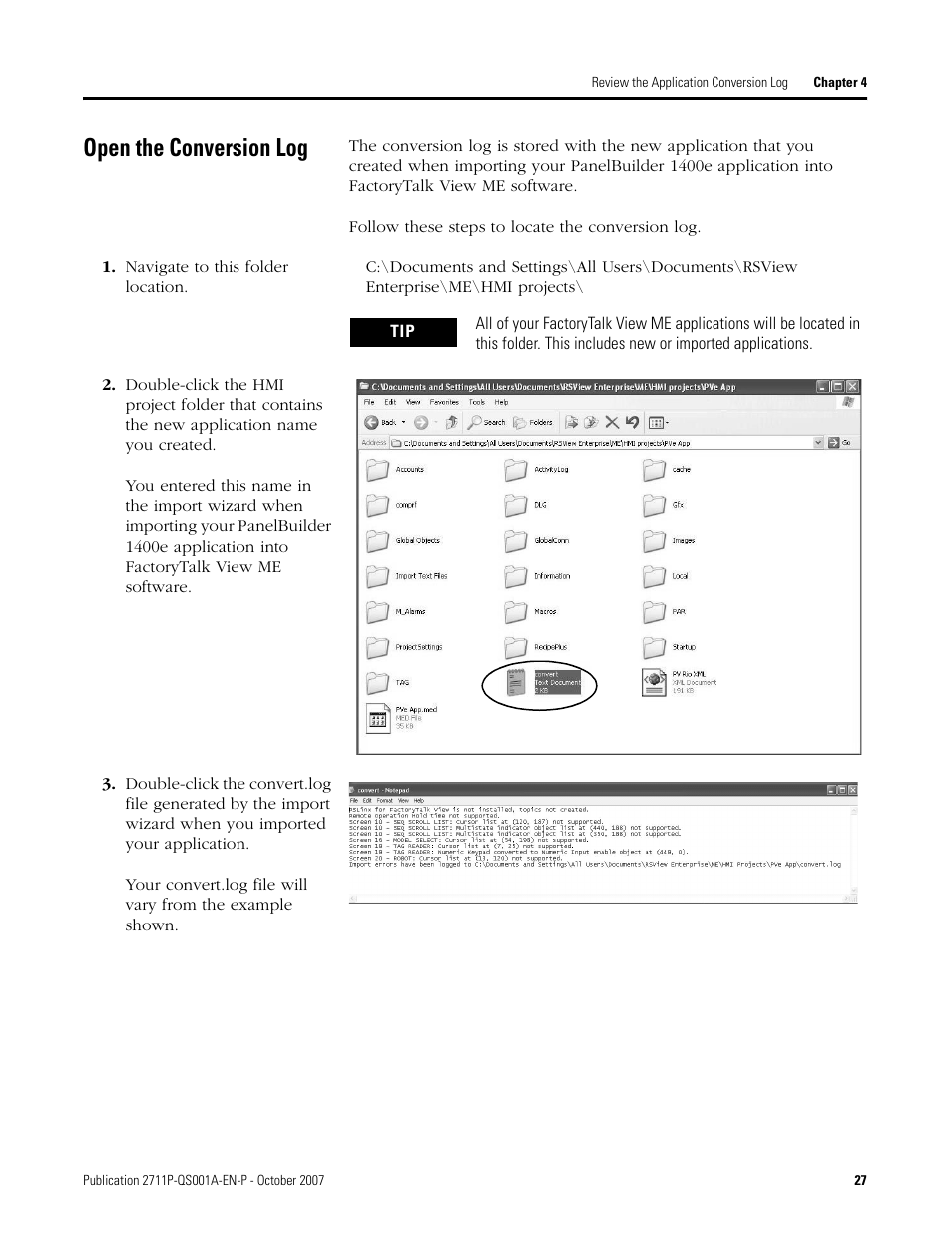 Open the conversion log, Open the conversion, Age 27 | Rockwell Automation Migrating PanelView Enhanced Terminal Applications User Manual | Page 27 / 160