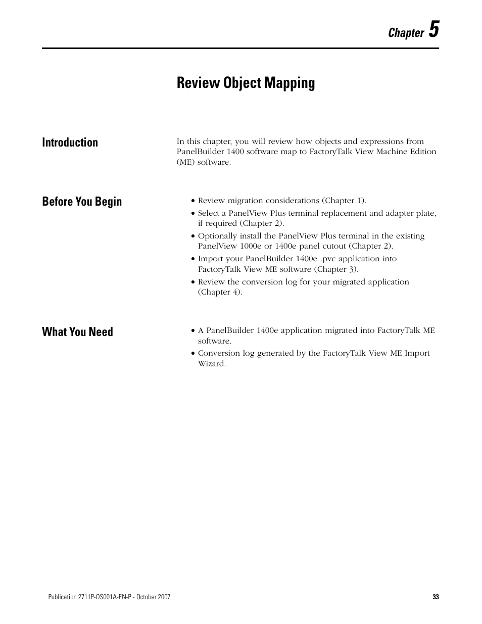 5 - review object mapping, Introduction, Before you begin | What you need, Chapter 5, Review object mapping, Introduction before you begin what you need, Chapter | Rockwell Automation Migrating PanelView Enhanced Terminal Applications User Manual | Page 33 / 160