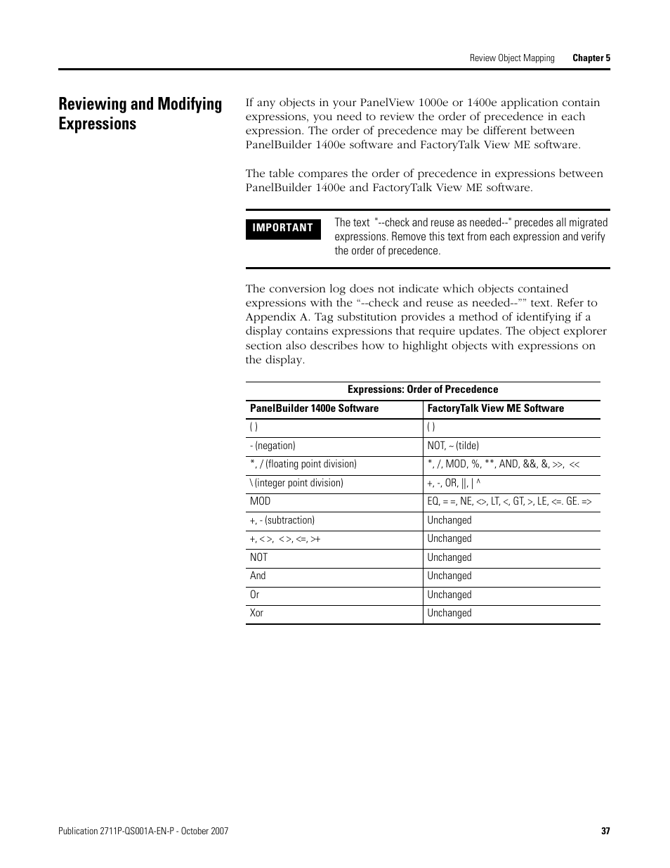 Reviewing and modifying expressions, Reviewing and, Modifying expressions | Age 37 | Rockwell Automation Migrating PanelView Enhanced Terminal Applications User Manual | Page 37 / 160