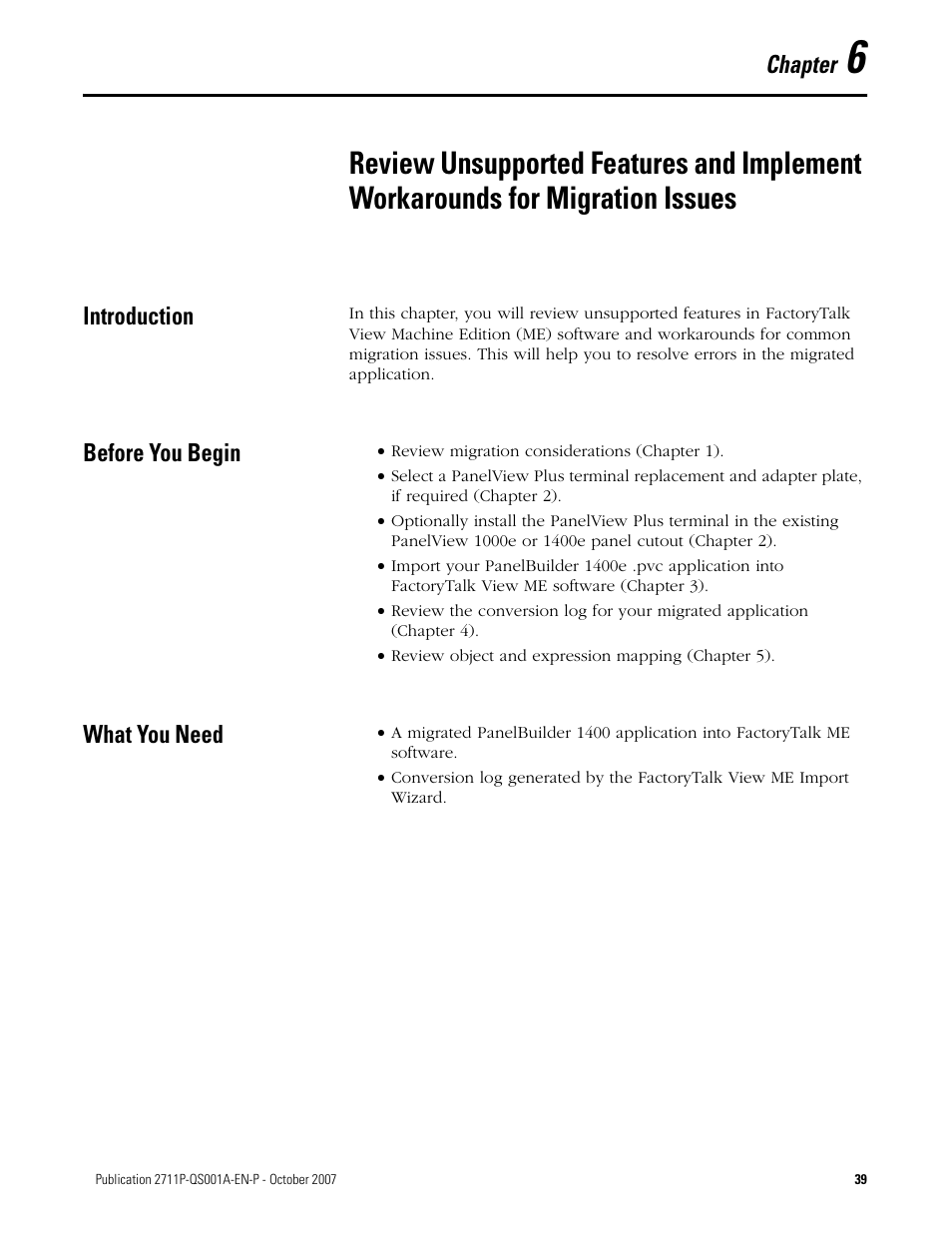Introduction, Before you begin, What you need | Chapter 6, Introduction before you begin what you need, Chapter | Rockwell Automation Migrating PanelView Enhanced Terminal Applications User Manual | Page 39 / 160