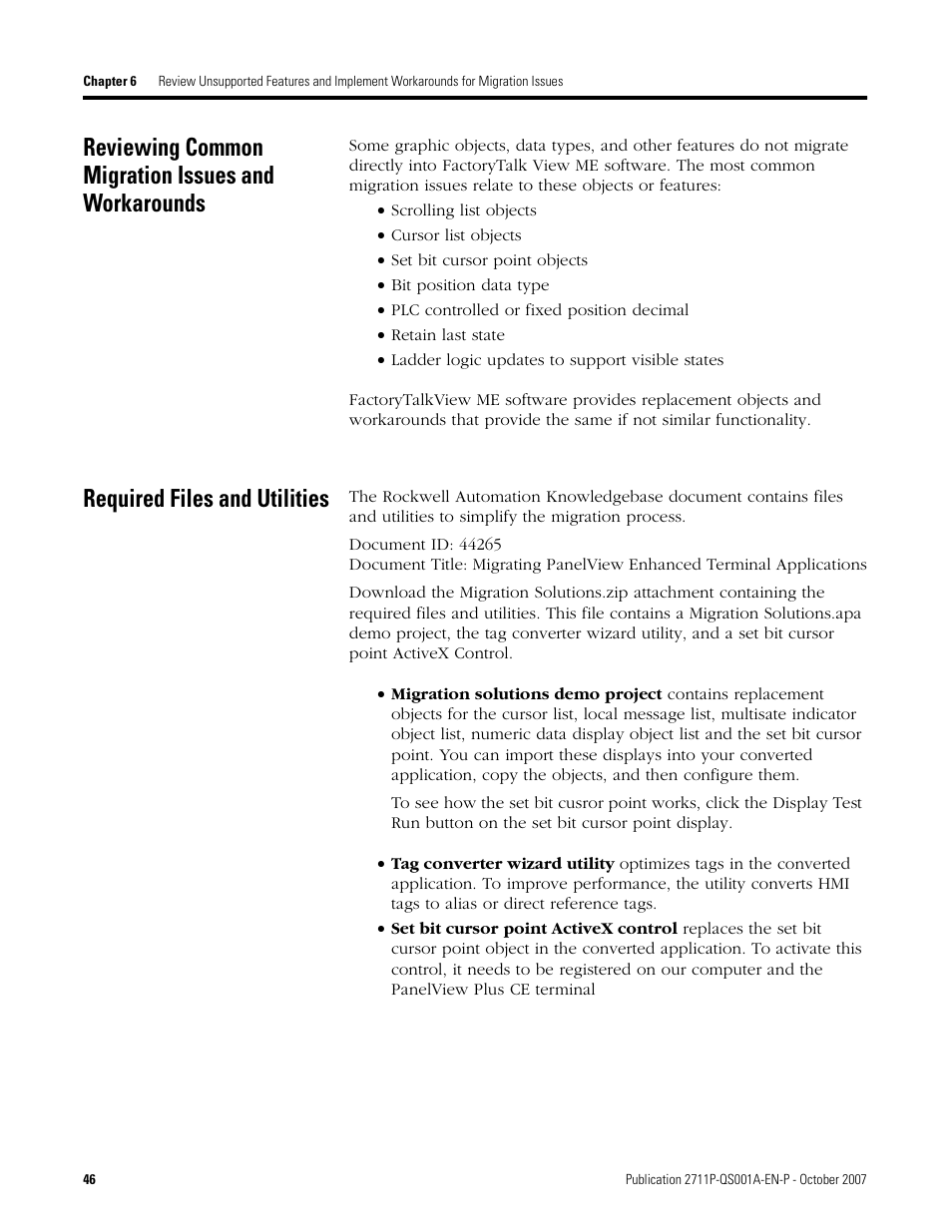 Reviewing common migration issues and workarounds, Required files and utilities, Reviewing common | Migration issues and, Workarounds, Age 46 | Rockwell Automation Migrating PanelView Enhanced Terminal Applications User Manual | Page 46 / 160